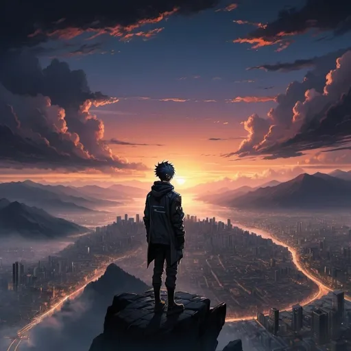 Prompt: Anime cyberpunk style, man looking off at sunset as it falls below the clouds and into the town from high mountains range above could level, highly detailed, HD, dark background