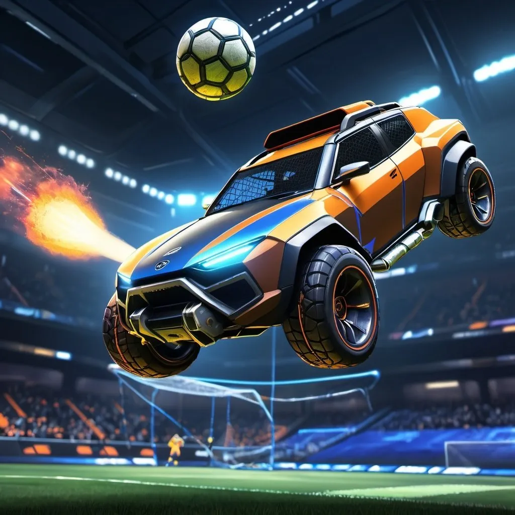 Prompt: Anime cyberpunk style, rocket league car air dribbling into a goal while the 
 goalie is in the air, highly detailed, HD, dark background