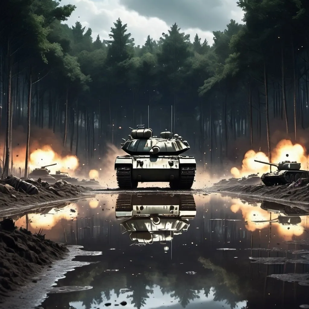 Prompt: Anime cyberpunk style, puddle with reflection of a calm relaxing forest but on the side of puddle it is war field with tanks and bombs exploding and the ground is mud and dirt no trees but sandbags and trenchers while bullets fly across battlefield
, highly detailed, HD, dark background