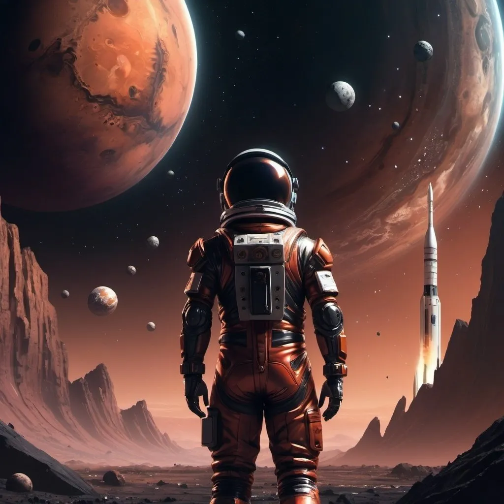 Prompt: Anime cyberpunk style, space scene with Mars in the foreground with a man in a space suit looking off into the distance with his crashed rocket,  Jupiter in the middle ground with asteroids flying past it and Saturn in the background, highly detailed, HD, dark background