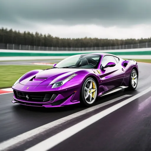 Prompt: vibrant inkpunk style photo of a Ferrari v8 sports car (purple)
driving on a racing track while the car is turning 