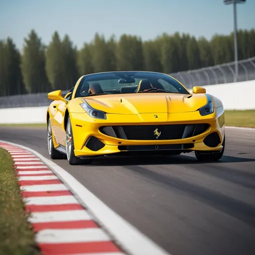 Prompt: vibrant inkpunk style photo of a Ferrari v8 sports car (yellow)
driving on a racing track while the car is turning 