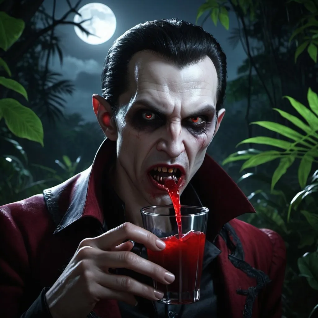 Prompt: A vampire in the jungle at night drinking blood, detailed, 4k, photo-realistic