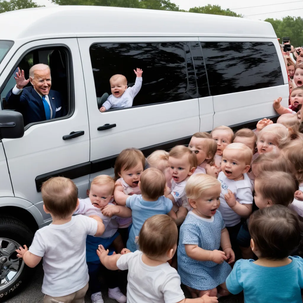 Prompt: angry horde of babies spilling out of Joe Biden's white van