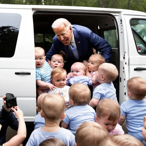 Prompt: angry horde of babies spilling out of Joe Biden's white van