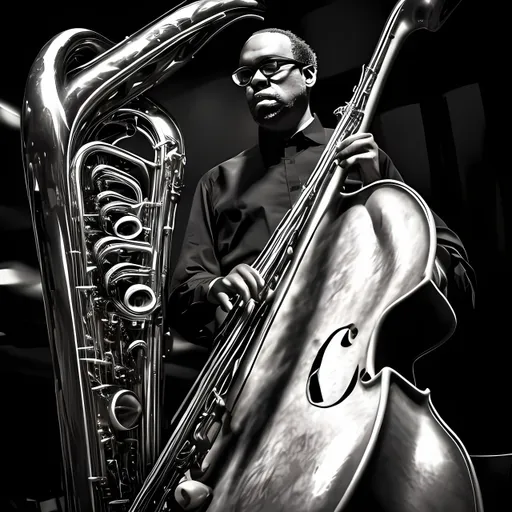 Prompt: contrabass player jazz in black and white
