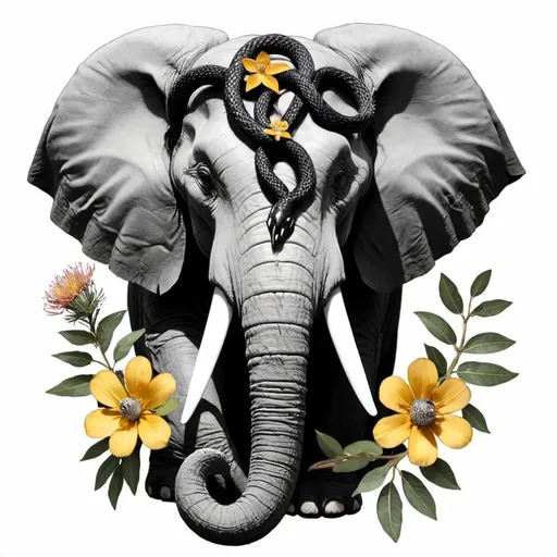 Prompt: elephant head with black mamba snake for trunk banksia branch and flowers for tusks