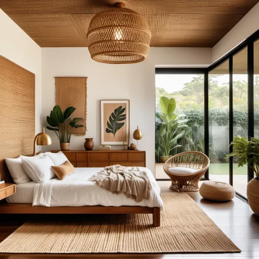 Prompt: a big rattan master bedroom with a jute rug overlooking a garden with rich wooden textures and and gold lamp