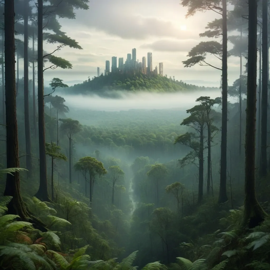 Prompt:  A dense forest with tall trees, misty atmosphere, and a hidden city in the distance.