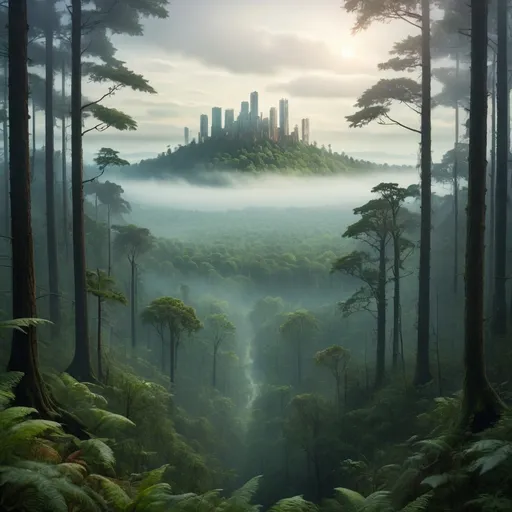 Prompt:  A dense forest with tall trees, misty atmosphere, and a hidden city in the distance.