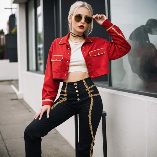 Prompt: *a girl wore a red shirt with a crop top jacket that was laced with golden seams. her pants were a creamy white, and she wore shiny black laced boots. she had red rimless sunglasses resting on the top of her head.*