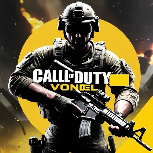 Prompt: A call of duty front page for a youtube video, with yellow letters that says "rebirth and vondel" , add a weapon from de game and a colorful background, de person on the image must be 23% of the banner
