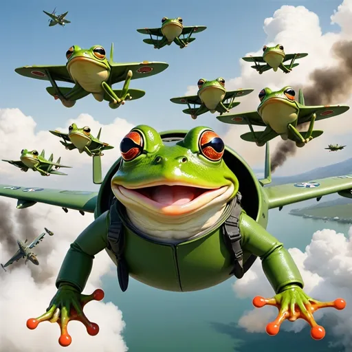 Prompt: Frogs in green military uniforms flying war planes and dropping bombs 