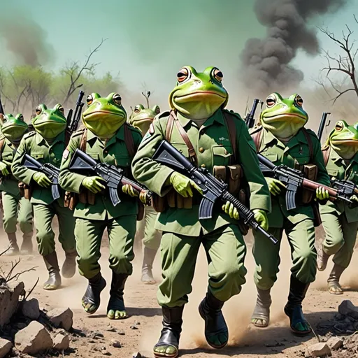 Prompt: Frogs in Green Military Uniforms holding rifles in their hands moving through a battlefield with dead donkeys and Rino's on the ground