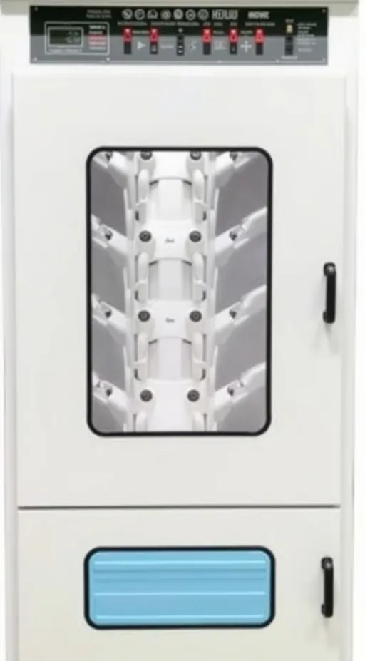 Prompt: a white machine with a blue door and a white background with a picture of a person on it's side, Dahlov Ipcar, plasticien, detailed product photo, a digital rendering