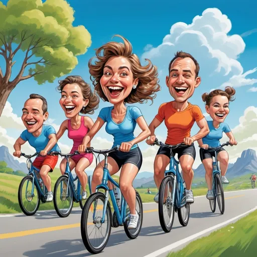 Prompt: (caricature of a fun run scene), (7 people, 3 men, 3 women, 1 woman cycling), (big heads, exaggerated features), joyful expressions, colorful outfits, vibrant cartoon style, lively atmosphere, a setting of a picturesque landscape in the background, bright blue sky with fluffy clouds, ultra-detailed, perfect for a cover album design, engaging and energetic mood.