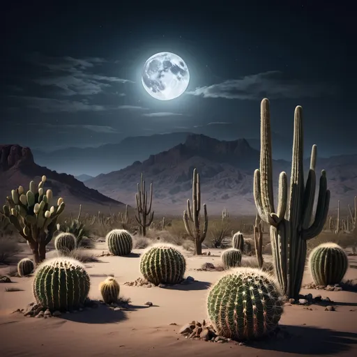 Prompt: Desert in moonlight  with many cacti and dramatic cinematic landscape 