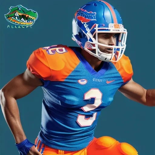 Prompt: (football uniforms), vibrant color scheme, (Florida Gators style), sleek design, modern athletic look, bold graphics, breathable materials, dynamic energy, (high-quality fabric), unique detailing, strong team branding, exciting and fresh aesthetics, ideal for energetic games, bright field setting, featuring grass texture, (4K ultra-detailed), showcasing players in action.