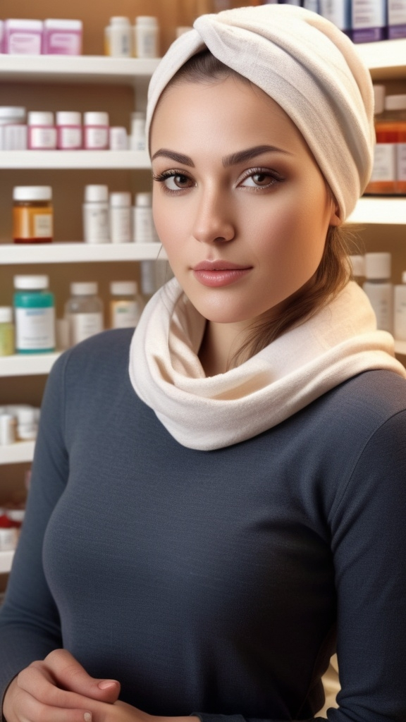 Prompt: (photorealistic) woman with a white scarf around her head, warm color scheme, detailed shelves filled with medicine and various products, soft lighting, inviting atmosphere, focused expression, some products out of focus in the background, (stock photo style), ultra-detailed, high quality, emphasis on realism and depth, warm ambient lighting, visual narrative.