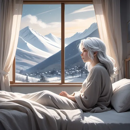 Prompt: anime style, woman in bed looking out the window, (serene) winter landscape with snow-capped hills in the background, (soft) flow of white hair catching the light, (cool tones) creating a tranquil atmosphere, straight posture reflecting contemplation, (highly detailed) dynamics of cool lighting accentuating the winter chill, subtle textures of bed linens enhancing the cozy interior, (4K resolution) for a vivid portrayal.