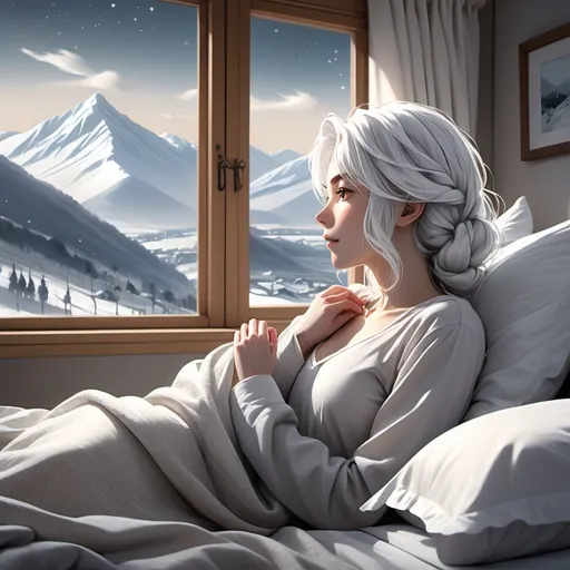 Prompt: anime style, woman in bed looking out the window, (serene) winter landscape with snow-capped hills in the background, (soft) flow of white hair catching the light, (cool tones) creating a tranquil atmosphere, straight posture reflecting contemplation, (highly detailed) dynamics of cool lighting accentuating the winter chill, subtle textures of bed linens enhancing the cozy interior, (4K resolution) for a vivid portrayal. Victorian style, back of head