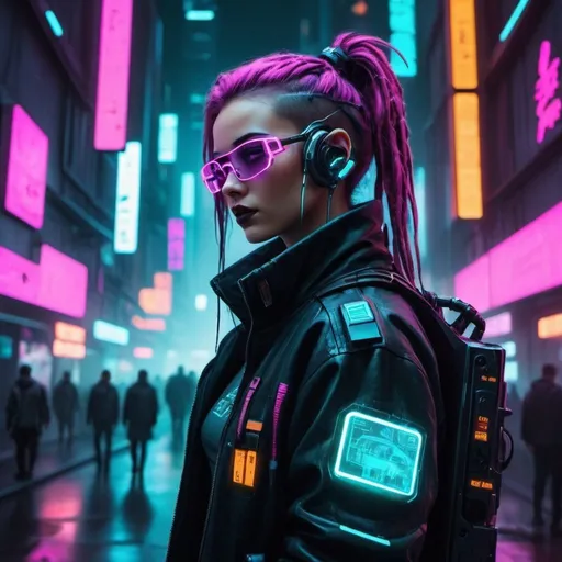 Prompt: Design avatars with a cyberpunk aesthetic. This includes neon colors, futuristic gadgets, and urban dystopian backdrops. Cyberpunk has a strong and dedicated following, which can translate into a passionate buyer base.


