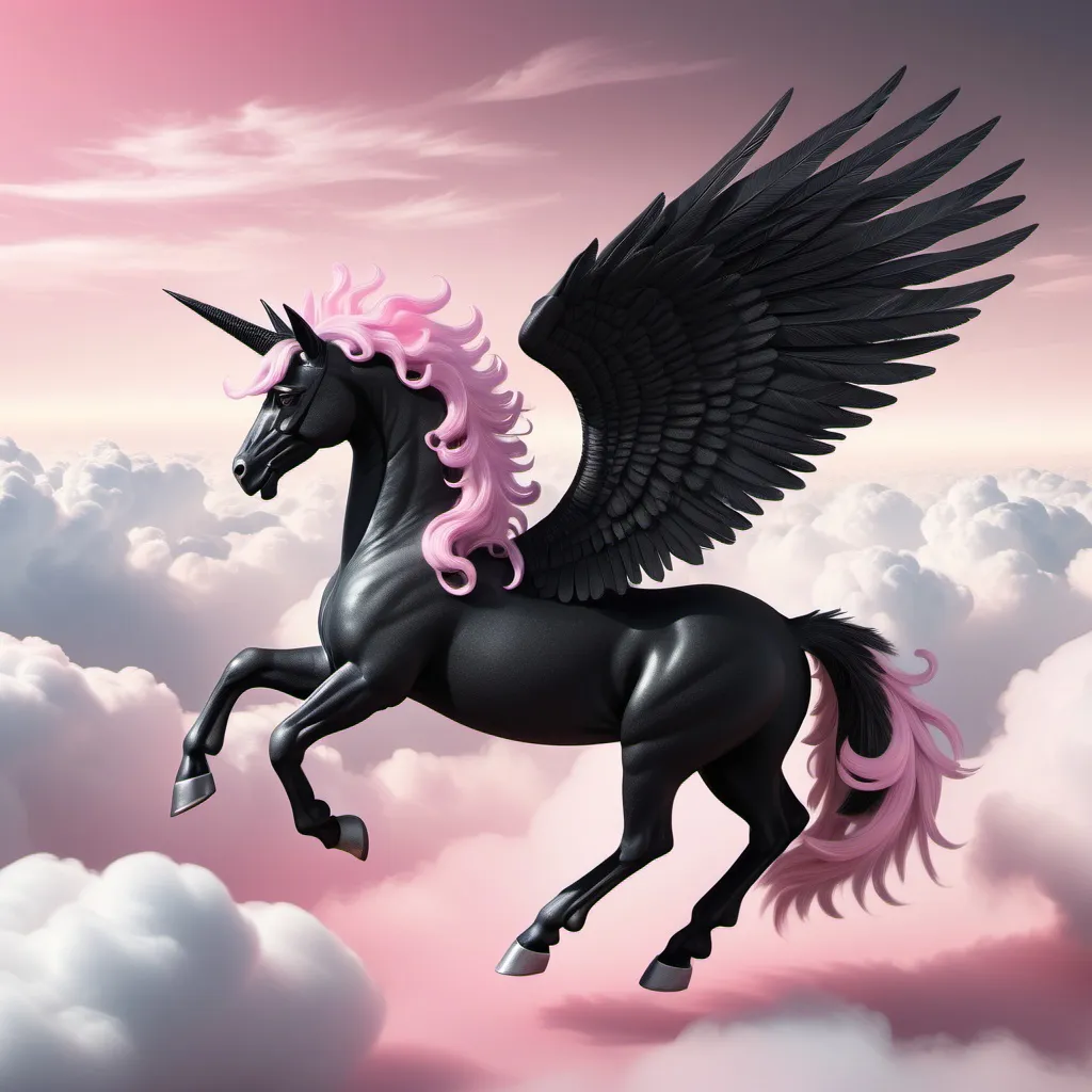 Prompt: Generate a majestic black pegasus with a small pink crown on it's head riding over the clouds