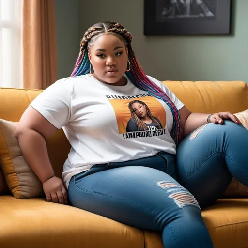 Prompt: Embracing empowerment, a plus-sized lady with flamboyant braids wears a Digital Hub tee while lounging on a stylish couch, her reflection visible in a nearby screen as she effortlessly slips into jeans in a hyper-realistic image