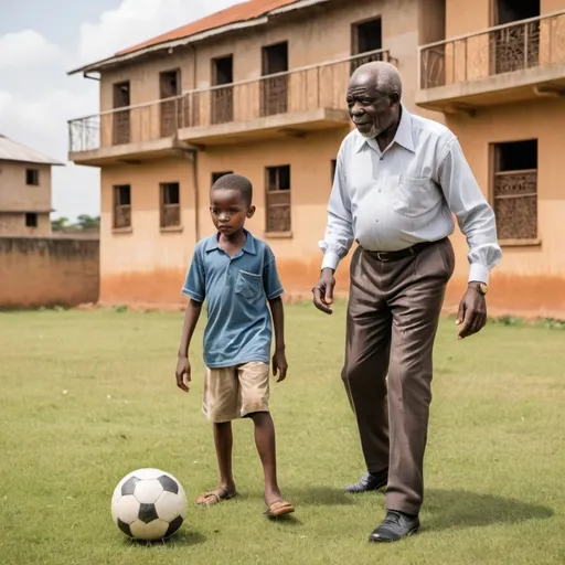 Prompt: A 60 year old african grandfather a former cheif executive and an eight year old african boy playing football on the lawn behind them is a story building in present day architecture