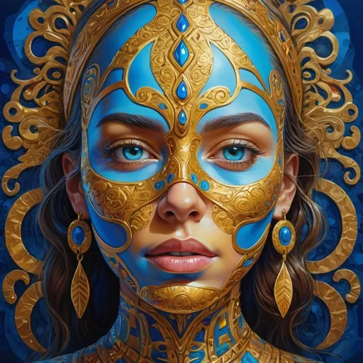 Prompt: (detailed painting of a woman's face), (golden mask), vivid blue background, trippy and vibrant colors, (psychedelic art style), intricate patterns and textures, surreal elements, immersive depth, mesmerizing composition, (Android Jones inspired), ultra-detailed, dynamic lighting, dreamlike ambiance, high resolution, creates a sense of wonder and fascination.