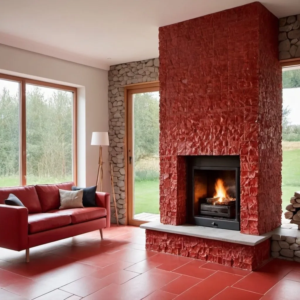 Prompt: In the home there is a stone Wall. on the stone Wall is the fireplace is made of red zellig ceramic tiles.