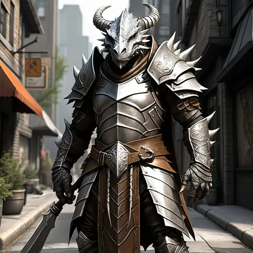 Prompt: A silver dragonborn druid 7 feet tall 270 pounds with a sickle in each hand wearing leather armor in a fantasy urban environment 