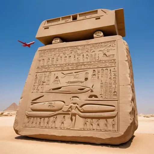 Prompt: Make me a photograph of hieroglyphics Carved into a stone in Egypt that depicts the future with a
 tank and aeroplane  all carved to to rock with a blue sky in the background

