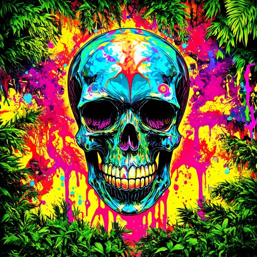 Prompt: (psychedelic print skull), graffiti style, jungle background, vibrant and bold colors, melting elements, (trippy illusion), concert poster aesthetic, intricate details, dynamic patterns, high contrast, rich textures, visually captivating, energetic ambiance, ultra-detailed, eye-catching design, urban art influence, expressive and surreal atmosphere.