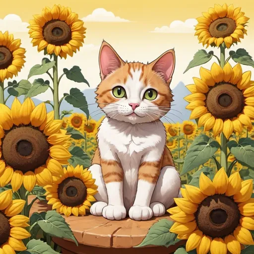 Prompt: cartoon cat sitting in sunflowers

