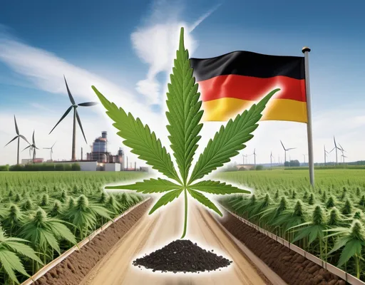 Prompt: A 4k symbolic image of Germany experiencing an economic boom with cannabis through € tax revenues,  job creation, promotion of industrial hemp as an industrial crop, sustainability and climate goals, hemp in construction, opening up export markets, research and innovation, strengthening SMEs and agriculture, strengthening the health sector