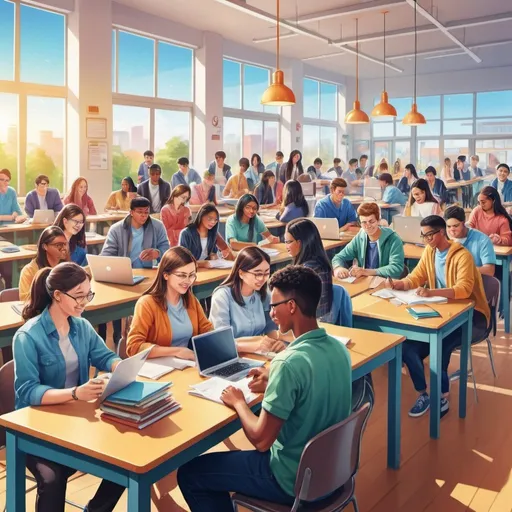 Prompt: Vibrant and energetic illustration of a bustling entrepreneurial scene, diverse group of people engaged in commerce, sunny and vibrant atmosphere, high-quality, detailed illustration, professional setting, vibrant color tones, organized environment, school, classroom, energetic vibe, highres, detailed, organized, diverse group, bustling atmosphere, sunny, professional, vibrant colors. high school