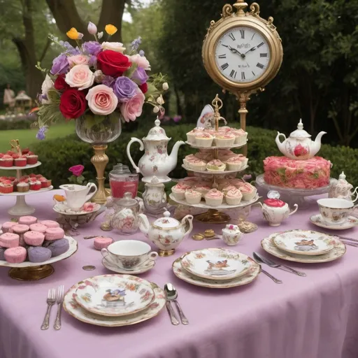 Prompt: An elegant birthday celebration for an adult, inspired by Lewis Carroll's 'Alice in Wonderland'. The scene should include elements such as a tea table decorated with colorful linens, tea cups with extravagant designs, and an assortment of sweets and cakes. In the background, you should see pocket watches, playing cards, and flower and butterfly decorations. The setting should have an air of fantasy and sophistication, with details that refer to the characters in the book, such as the Mad Hatter or the Queen of Hearts, but in a subtle and elegant way