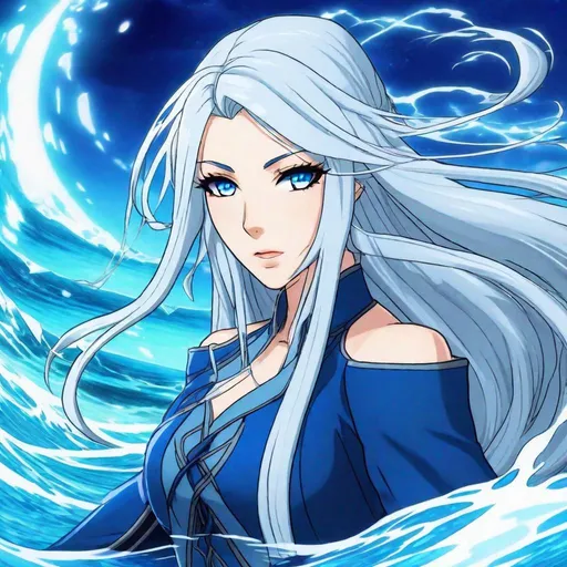 Prompt: A beautiful young adult ((British)) anime Water elemental princess with light skin and a beautiful symmetrical face. She has long smooth straight white hair that parts and she has two long strands of hair coming down the sides of her face and white eyebrows. She has a small nose. She wears a beautiful dark blue goddess dress. She wears dark blue princess slippers on her feet. She has big bright dark blue eyes and blue pupils. She is standing looking at you.  Full body art. Five fingers