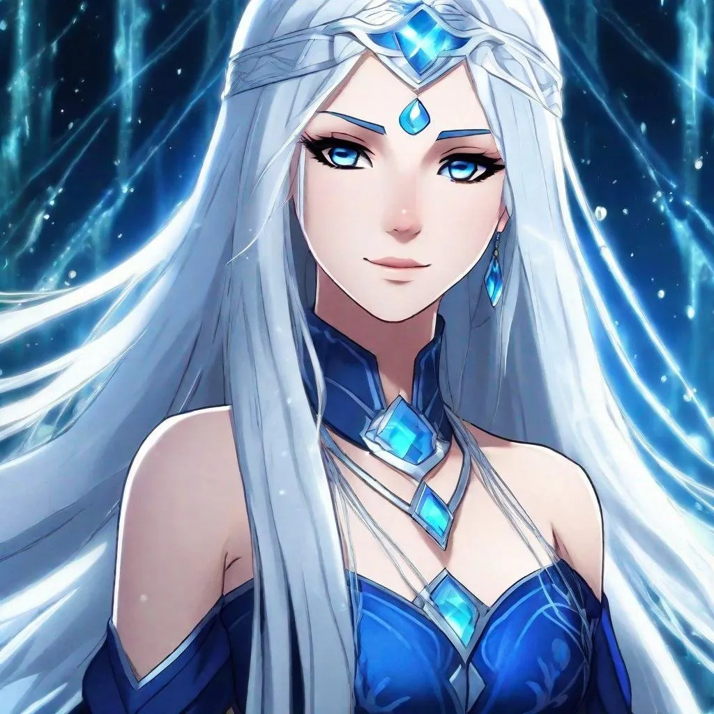 Prompt: A beautiful young 17 year old ((British)) anime Water elemental princess with light skin and a beautiful symmetrical face. She has long smooth straight white hair that parts down at the top of her head and two long strands coming down the sides of her face and white eyebrows. She has a small nose. She wears a beautiful flowing goddess dark blue dress. She has big bright dark blue eyes and blue pupils. Full body art. Five fingers