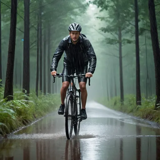 Prompt: A guy' riding a bike in heavy rain with good natural light in forest 
