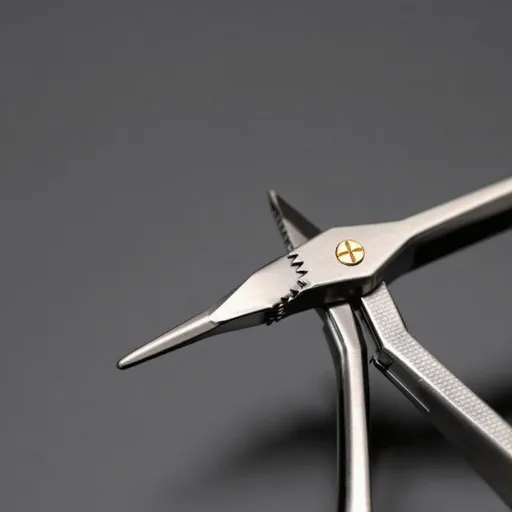 Prompt: The image shows a pair of dental pliers. The pliers are made of stainless steel and have a long, curved handle with a pointed tip. The body of the pliers has a textured surface for better grip. The jaws are open, revealing the teeth inside. There are two gold-colored screws on the jaws, which are likely used to secure them in place. The handles are slightly curved for a comfortable grip.
