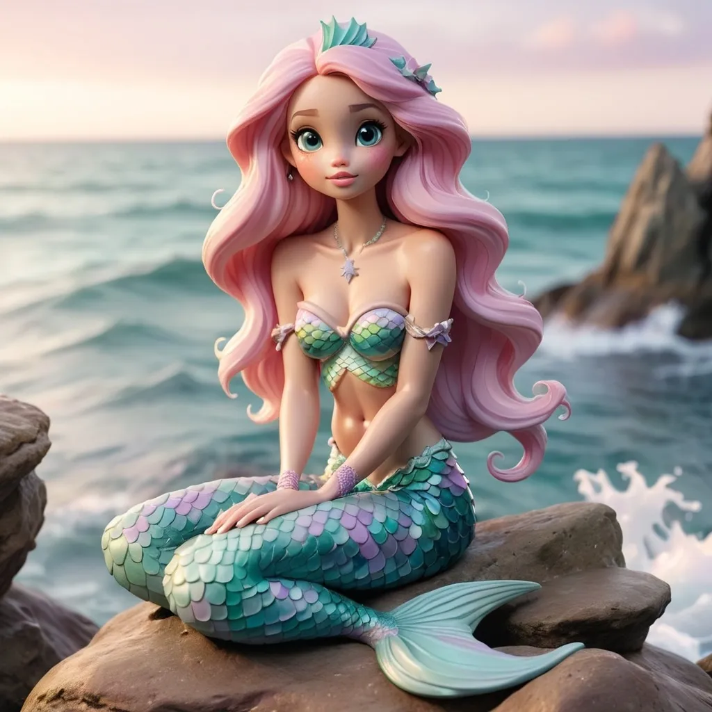 Prompt: A beautiful pastel mermaid sitting on a rock above the ocean