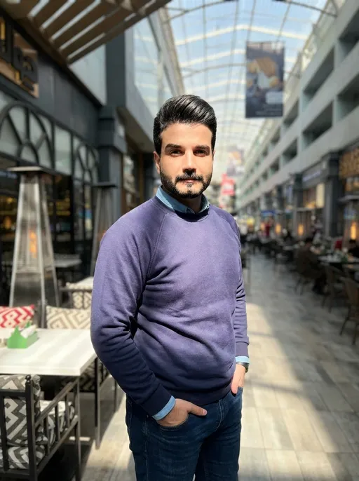 Prompt: دعني واقف في  المكان  المرفق لك  كما في الصوره التي لاتحتوي شخص المرفقه  .... مع ابراز الملامح     وقت الظهيره    بصوره عفويه هذا المكان مع ابراز الملامح  عفويا  ويدي في جيبي .. والشعر مصفف بعنايه..

 ..  وقت الظهيره وانظر الى الكاميرا  بعفويه  وتباين جميل كانما اقول انا املك هذا المكان قرب الصوره واجعلها تظهر التفاصيل من الراس للجذع بوضوح واجعل اضاءة المكان مشمسه عفويه واشعة الشمس تلامس وجهي وهناك ظلال على الملابس ..
الملابس/   ارتدي ( بلوز ) نيلي  حياكه شائك وتبرز من تحته ياقة قميص نيليليه فاتحه وبنطرون جينز   ..   .. لكن   الاضاءه  قويه وقت الظهيره على وجهي وملابسي  من جهة اليمين  للمشاهد