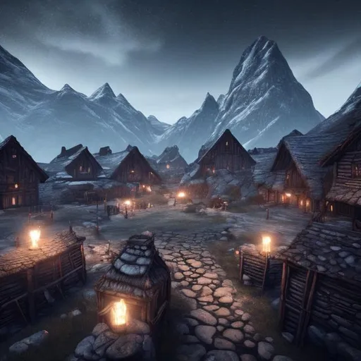 Prompt: ancient viking village, high mountains, less lantern, black chromium style, 8k, hyperrealistic, photorealistic, conan exiles style
