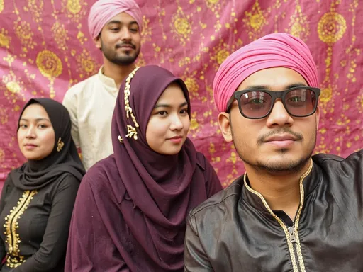 Prompt: In a vibrant setting characterized by a pink, patterned backdrop adorned with yellow motifs, four friends gather closely, exuding joy and celebration. The group showcases a rich tapestry of traditional attire: to the front left, a woman in a black outfit embellished with golden designs stands confidently, while a second woman to the right sports a dark purple hijab, elegantly accented with golden embroidery. In the background, a man dressed in a light-colored kurta adds a touch of contrast, topped with a pink turban, and displays a playful demeanor. The fourth individual, in the forefront, captures attention with stylish sunglasses and a striking black jacket, contributing to the lively atmosphere that pulsates with camaraderie and festive spirit. 