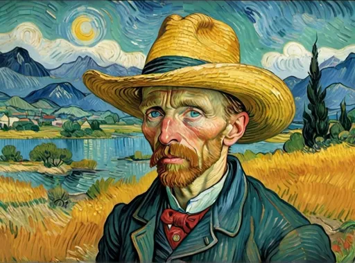 Prompt: retrato de vincent van gogh  anciano, con sombrero con un paisaje de fondo con montañas y lago,la imagen en formato horizontal