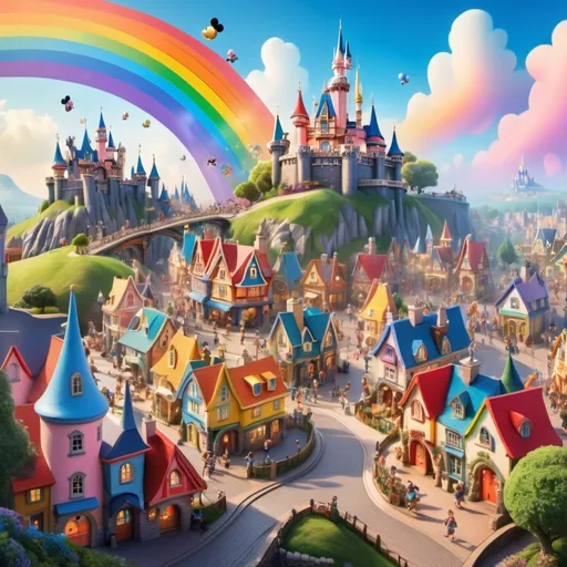 Prompt: A vibrant fairy town full of life with many multicolour cottages and small shops and churches with faries flying around with a huge rainbow gleaming in the sky. A Disneyland castle is placed on a hill connected with the fairy town with Mickey Mouse walking on the cobbled streets greeting the villagers of the town