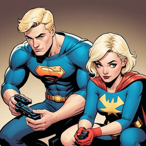 Prompt: Two superheroes playing video games together, comics style. One blonde man and a short dark hair women, they are siblings 