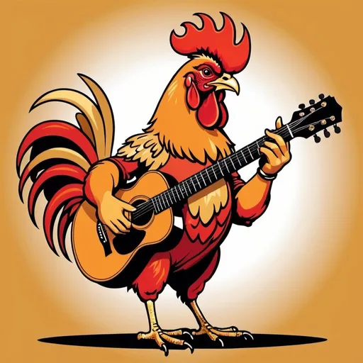 Prompt: a rooster playing guitar in Red, Gold, and Orange in comic vector image